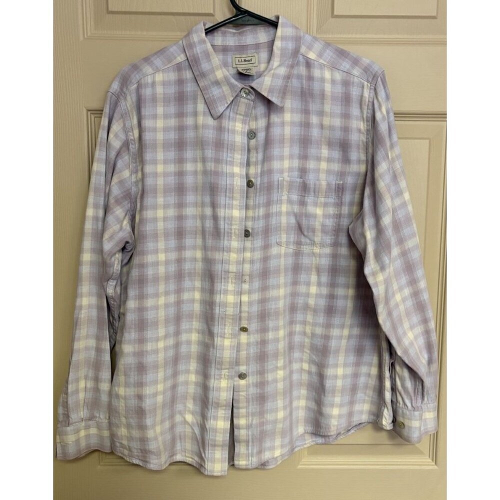 L.L. Bean Shirt Womens L Purple Plaid Long Sleeve Pocket Cotton Shell Button Up